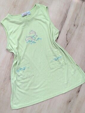 Vintage 90s Swim Cover Up Dress Beach Embroidered Dolphin Mint Green Size XL